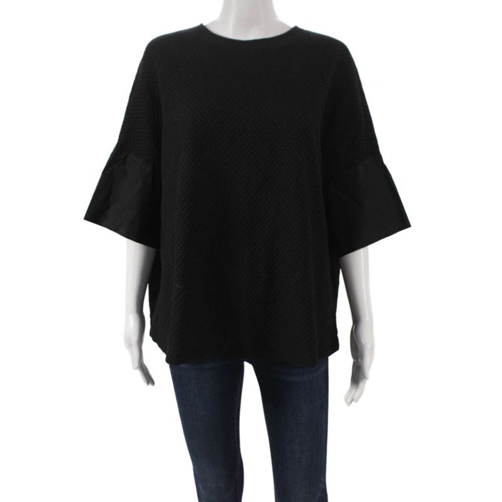 Odeeh Women Black Cotton Basic Round Neck Blouse 3/4 Sleeve Geometric Size 42